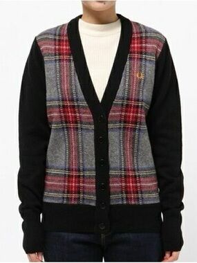Fred Perry Plaid Tartan V-Neck Knit Cardigan Sweater UK 10 US 6